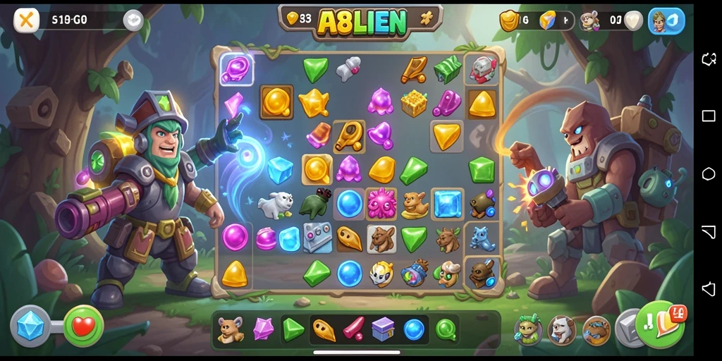 Gameplay seru 138ALIEN dalam mencocokkan objek Match-3.