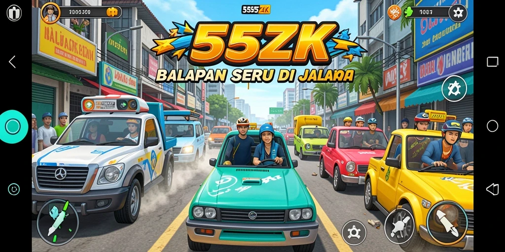 Tangkapan layar menampilkan aksi balapan mendebarkan di 555ZK.