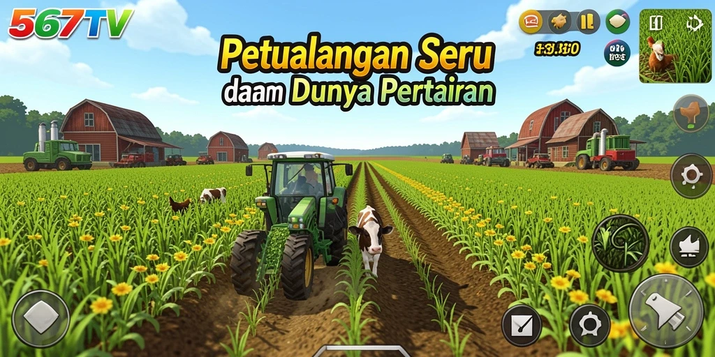Tampilan gameplay 567TV dengan ladang hijau dan hewan-hewan lucu.