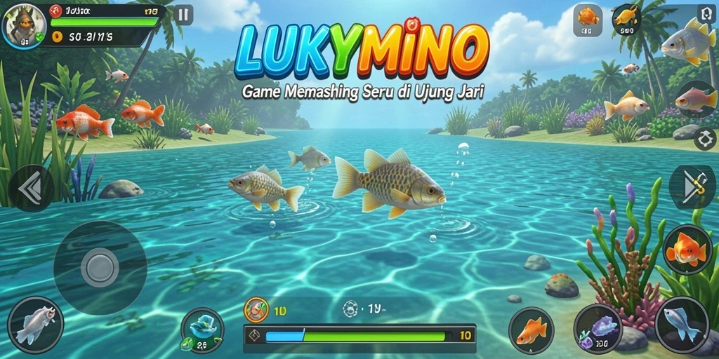 Tampilan gameplay LUKYMINO dengan teknik memancing yang menarik.
