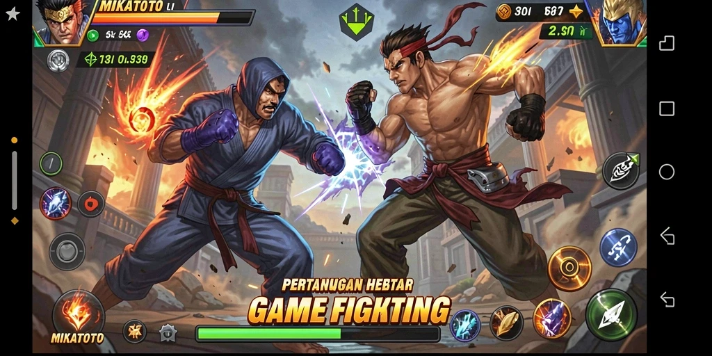 Tangkapan layar dari gameplay <strong>MIKATOTO</strong> yang menampilkan pertarungan seru antar karakter.
