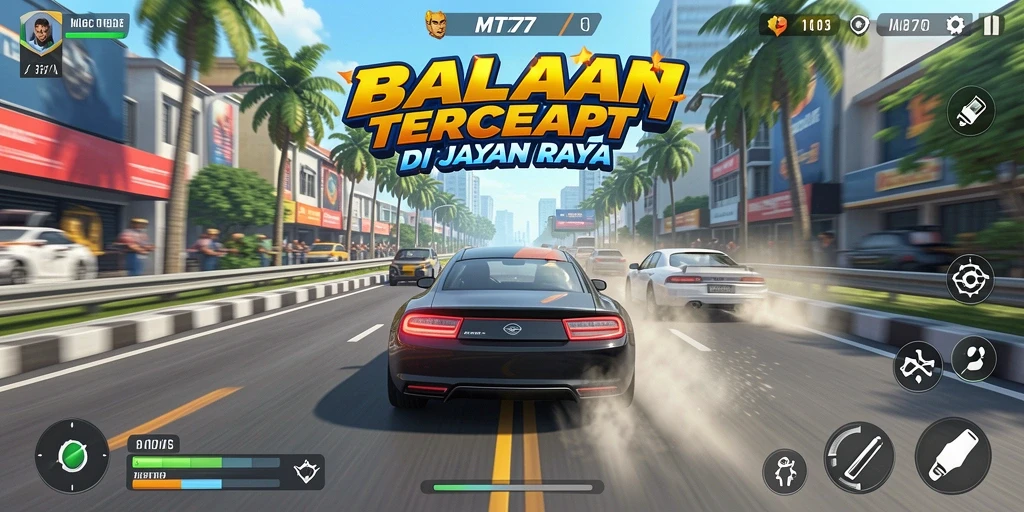 Tangkapan layar utama dari MT777 menampilkan balapan mendebarkan di jalan raya.