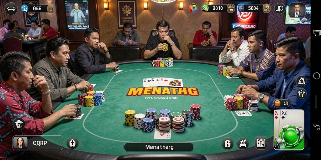 Screenshot utama QQRP menampilkan suasana intens permainan poker yang mendebarkan.