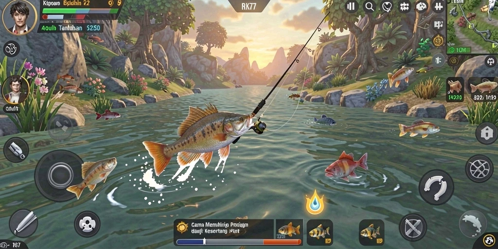 Tampilan gameplay RK77 yang menampilkan aktivitas memancing yang seru.