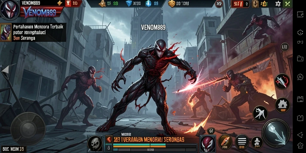 Tampilan gameplay menegangkan di <strong>VENOM889</strong> saat membangun menara untuk bertahan.